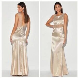 Lulus Marvelous Night Champagne Satin Embroidered Mermaid Maxi Dress Size M